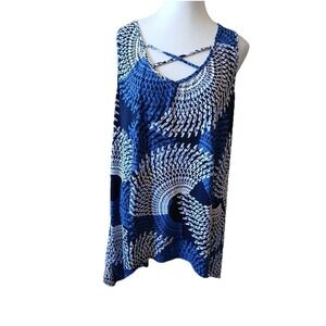 SJS Womens Blouse Tunic 3X Sleeveless Blue & White Puff Paint Textured Floral